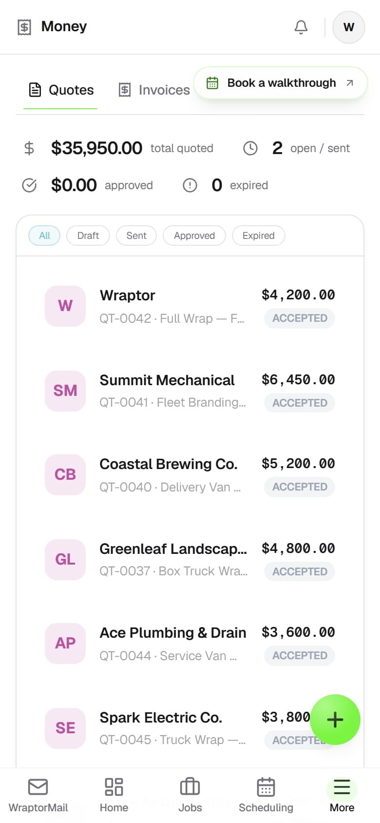 Overlam invoicing screen showing a one-click invoice with payment link and balance summary (mobile)
