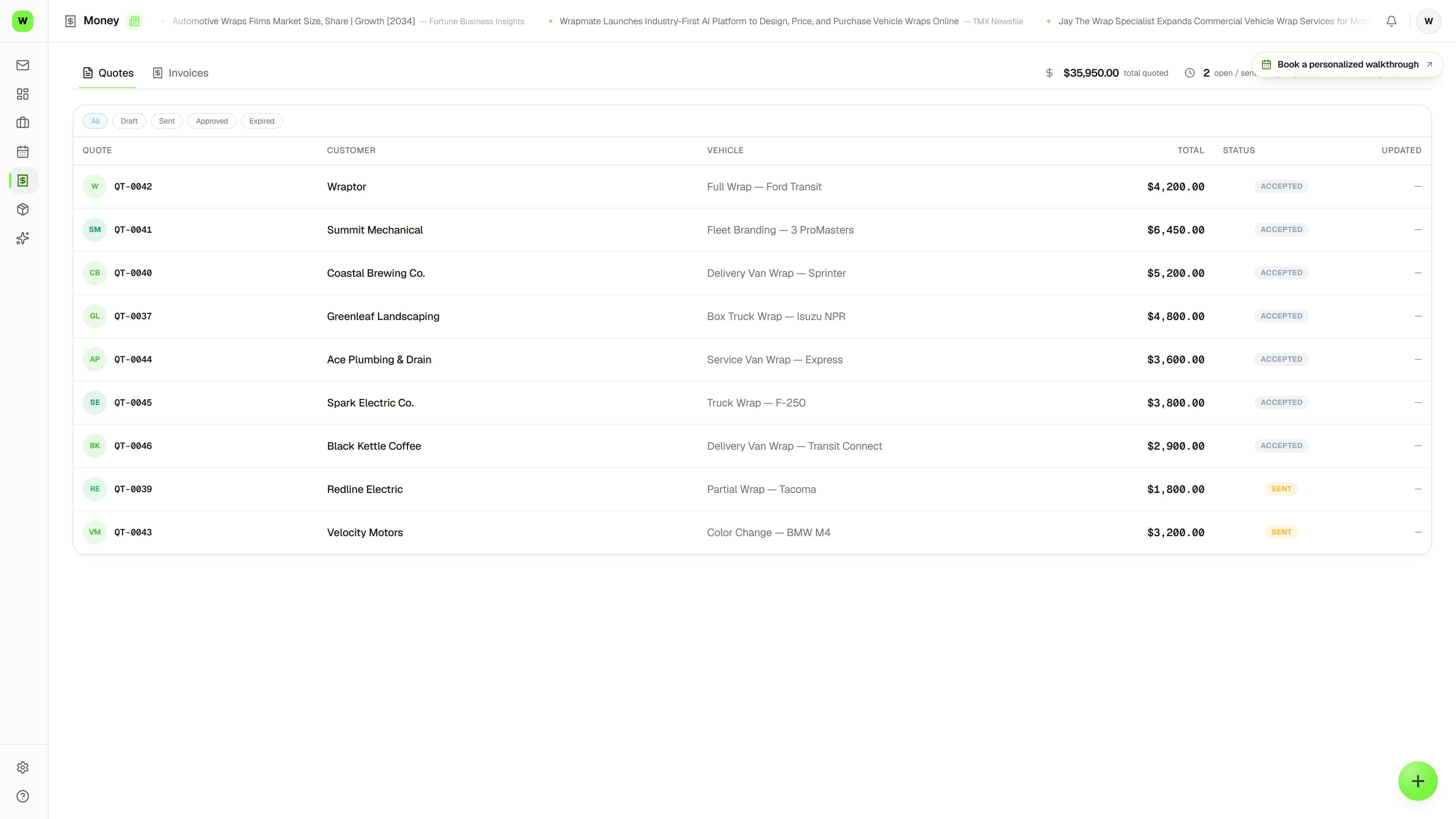 Overlam invoicing screen showing a one-click invoice with payment link and balance summary