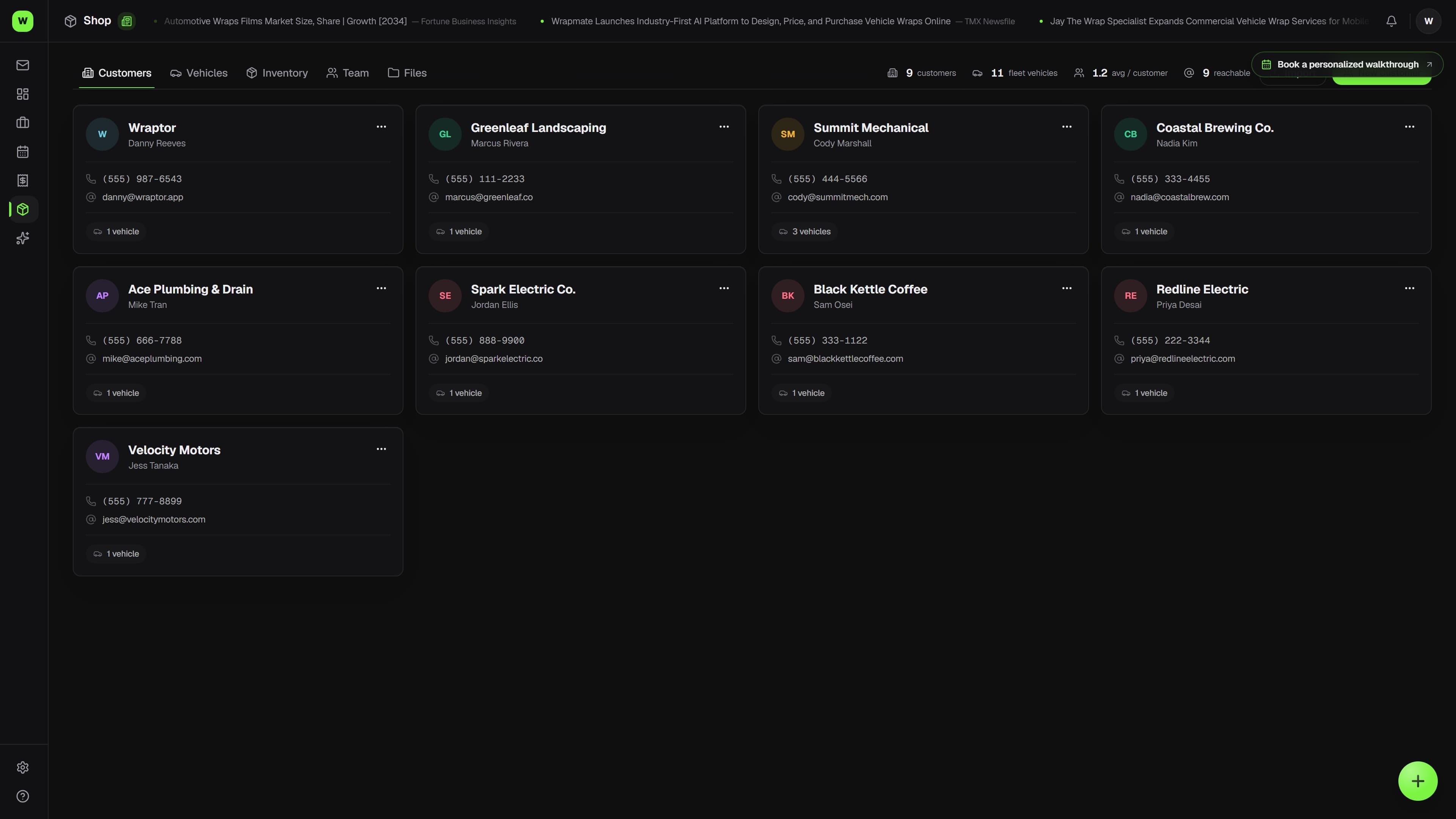 Overlam fleet dashboard showing vehicle list with wrap status, completion percentage, and scheduled installs (dark mode)