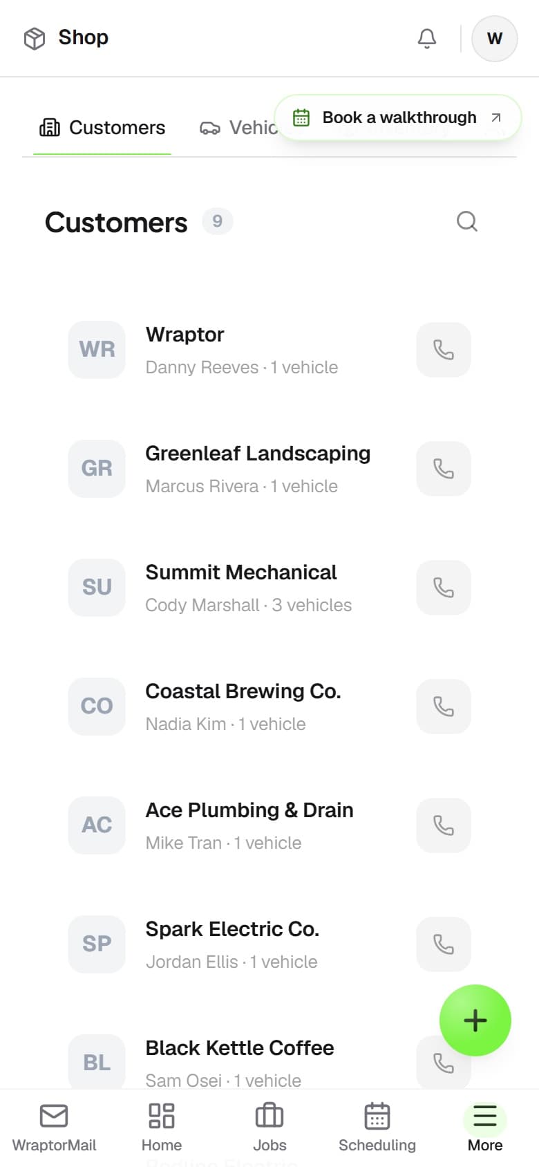Overlam fleet dashboard showing vehicle list with wrap status, completion percentage, and scheduled installs (mobile)