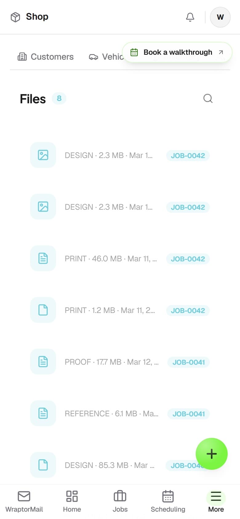 Overlam Files browser listing files across jobs with type icons, customer, job number, and search (mobile)