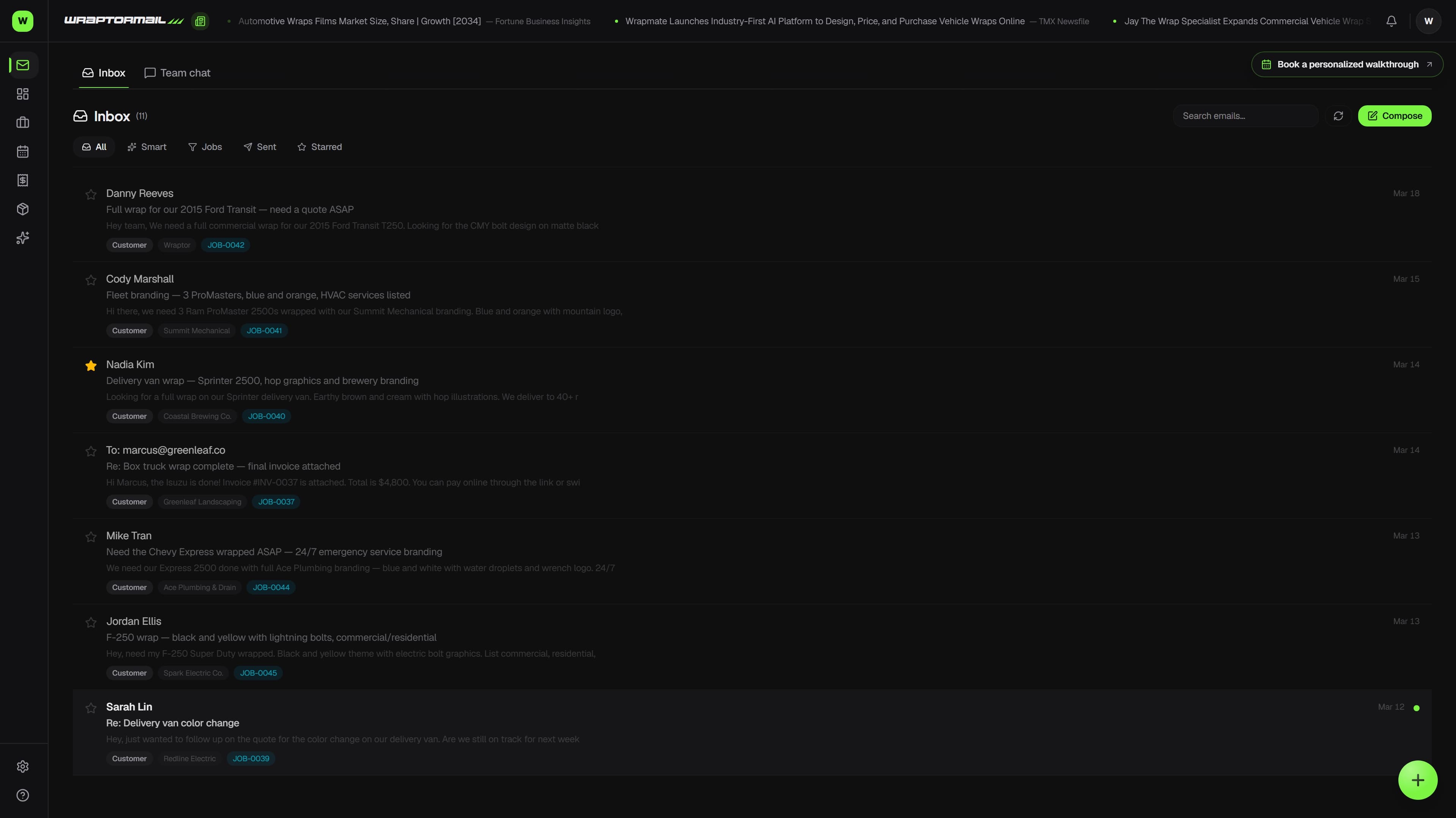 Overlam Inbox shared inbox showing AI-tagged emails for a fleet inquiry, customer reply, and vendor shipment (dark mode)