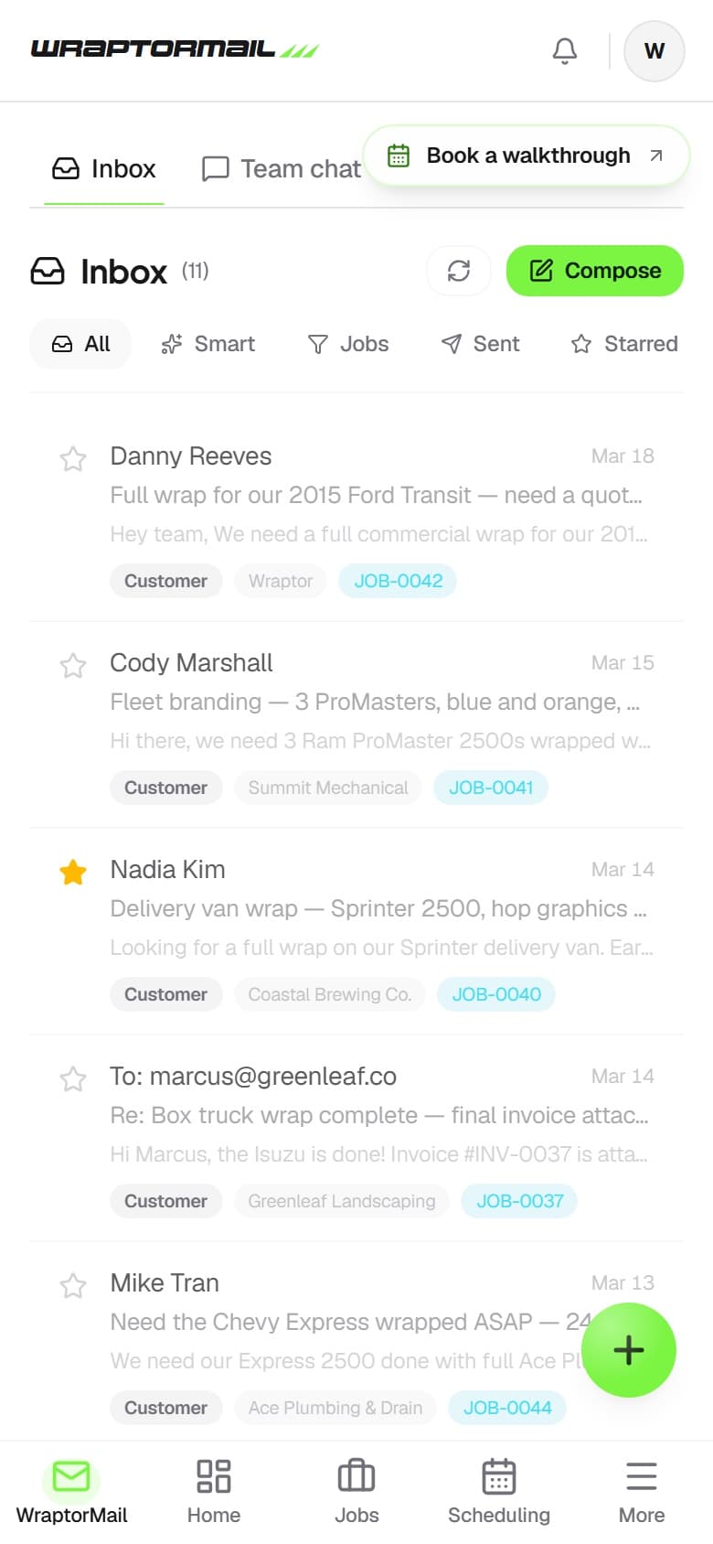 Overlam Inbox shared inbox showing AI-tagged emails for a fleet inquiry, customer reply, and vendor shipment (mobile)