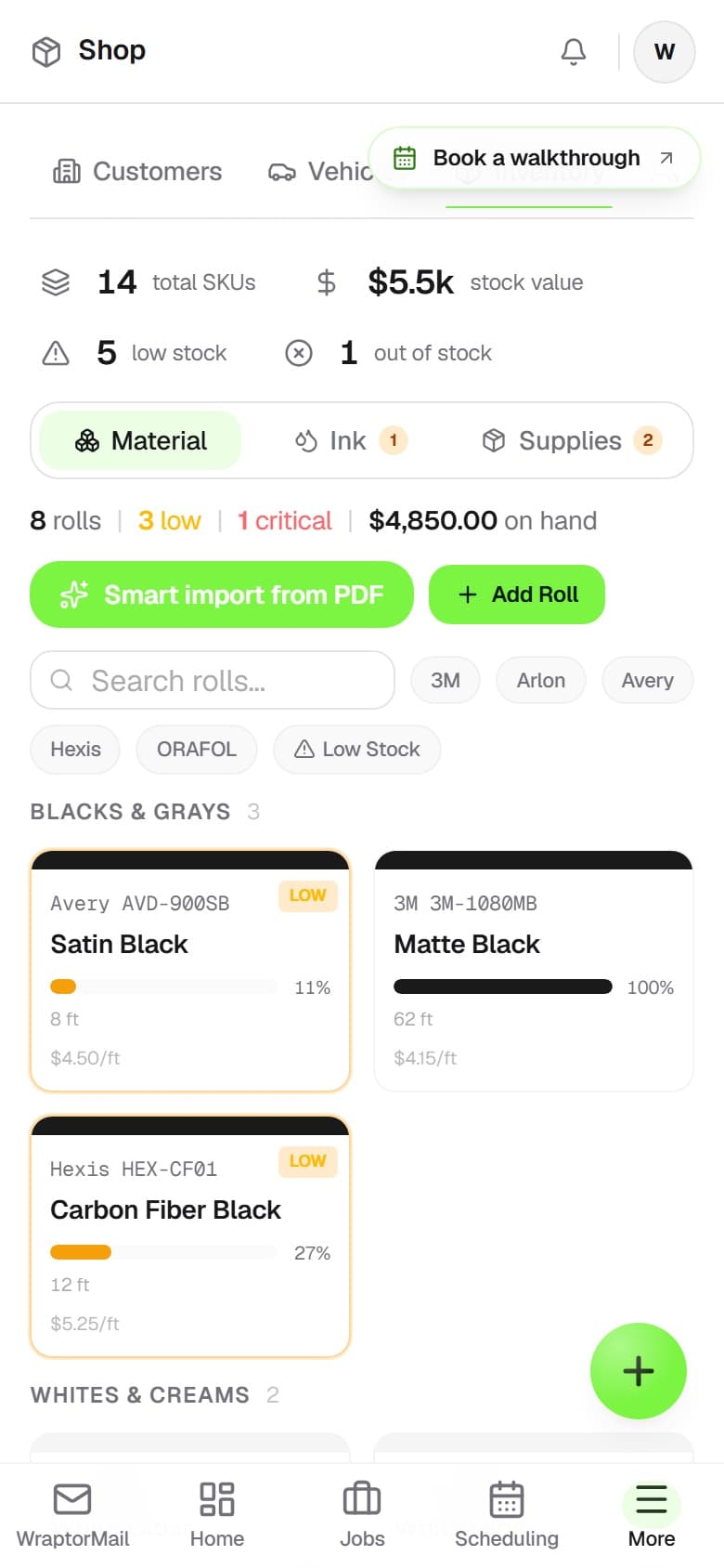 Overlam inventory screen showing vinyl rolls by brand, color, and remaining footage (mobile)