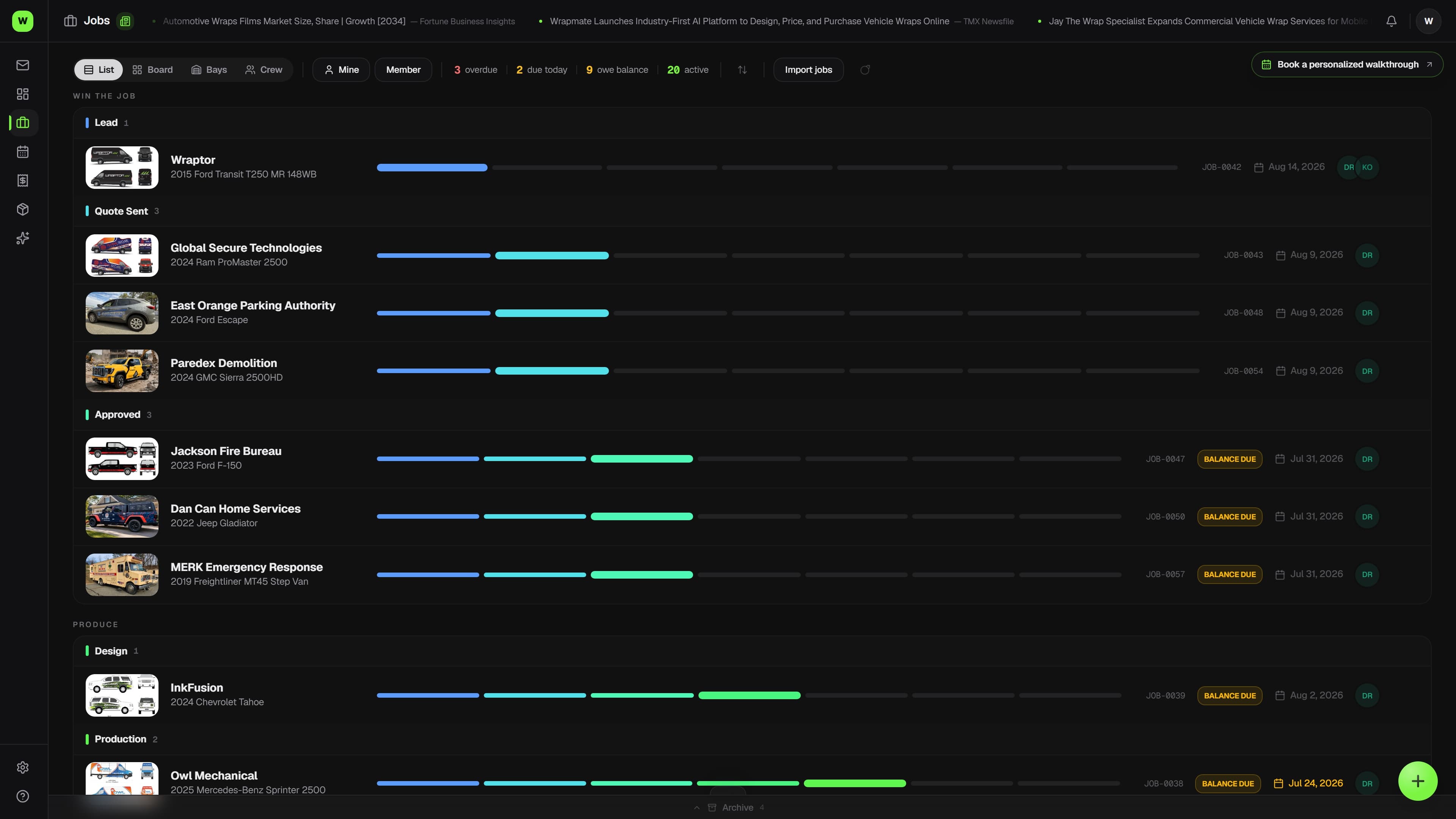Overlam job board with wrap, PPF, and color-change jobs (dark mode)