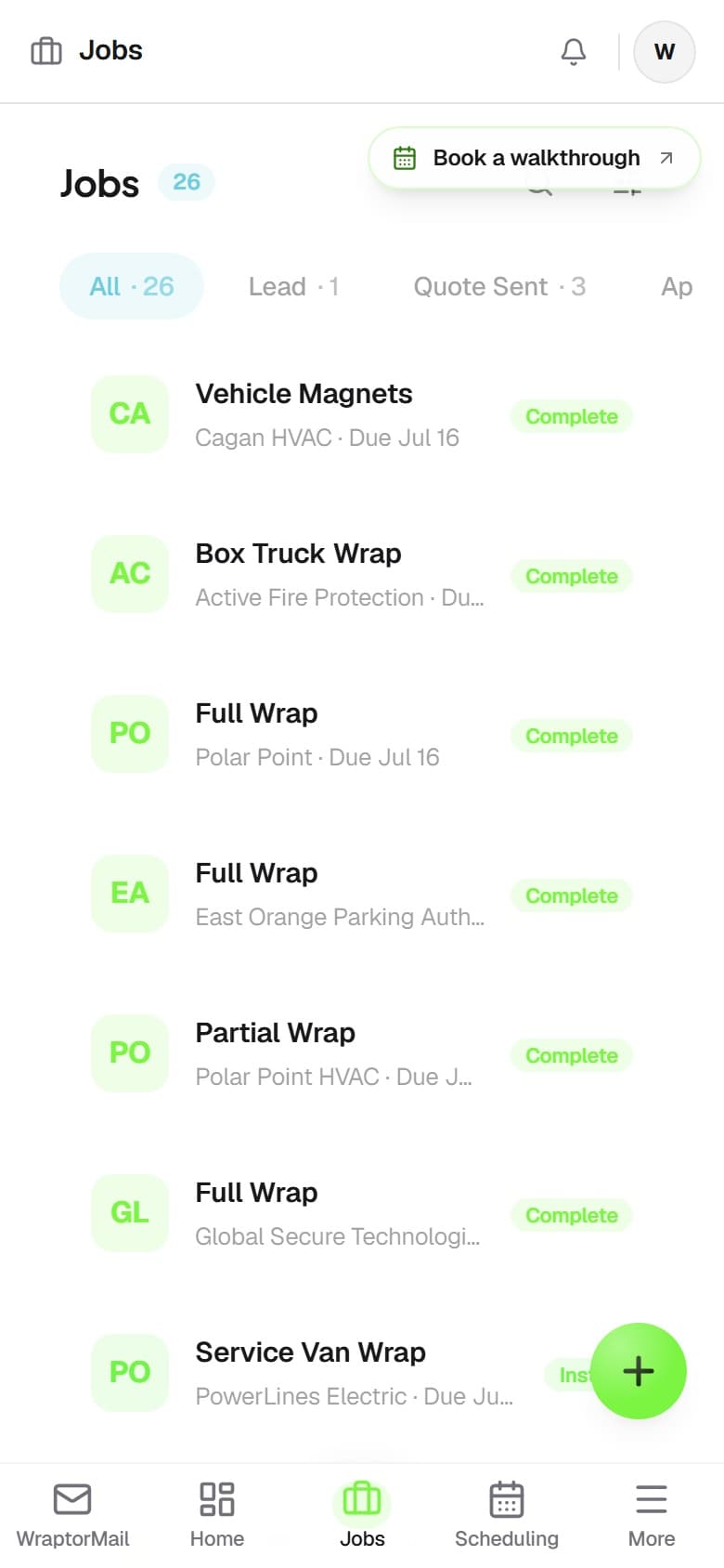 Overlam job board with wrap, PPF, and color-change jobs (mobile)