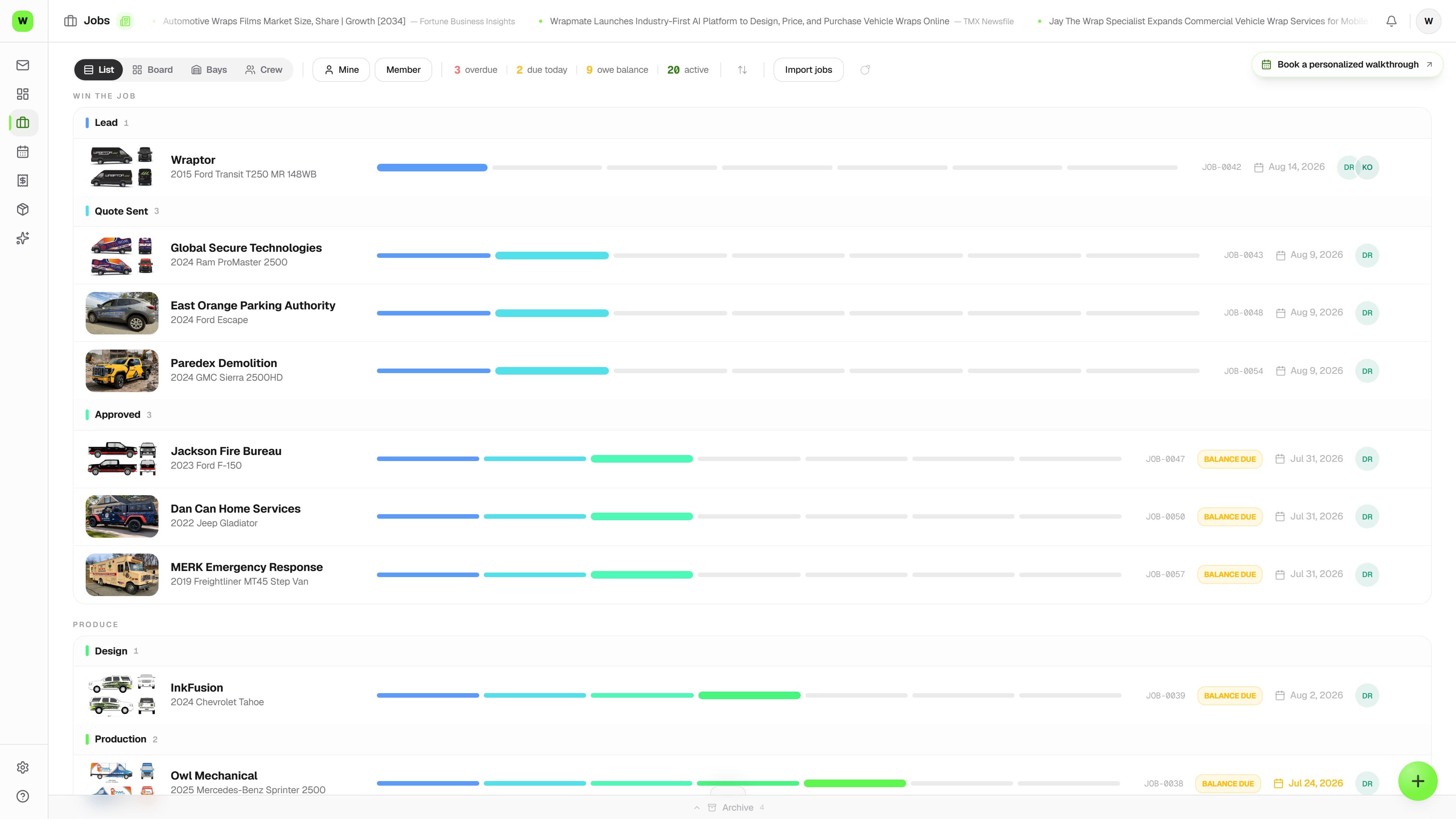 Overlam job board with wrap, PPF, and color-change jobs