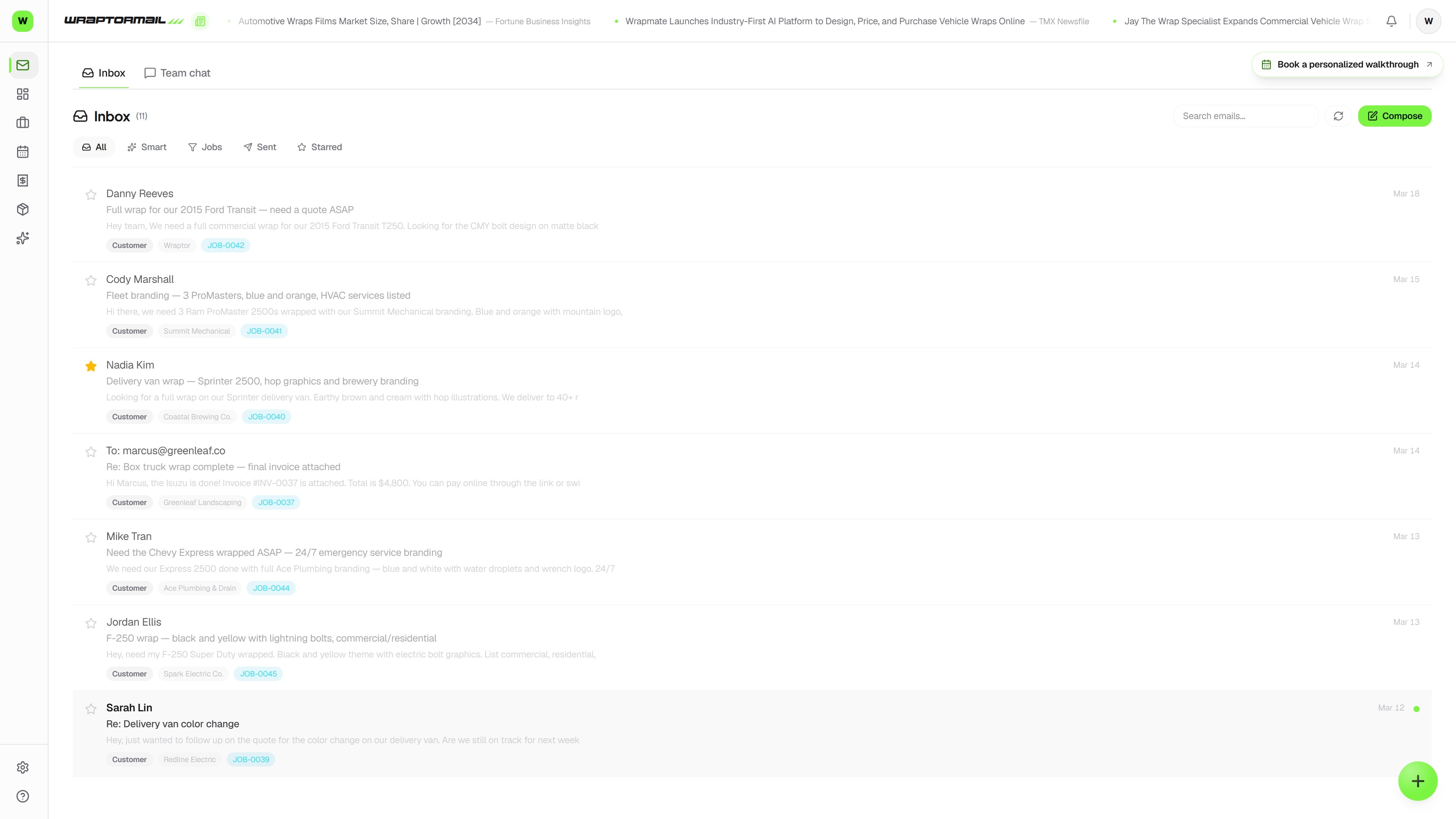 Overlam Inbox — the real Overlam screen