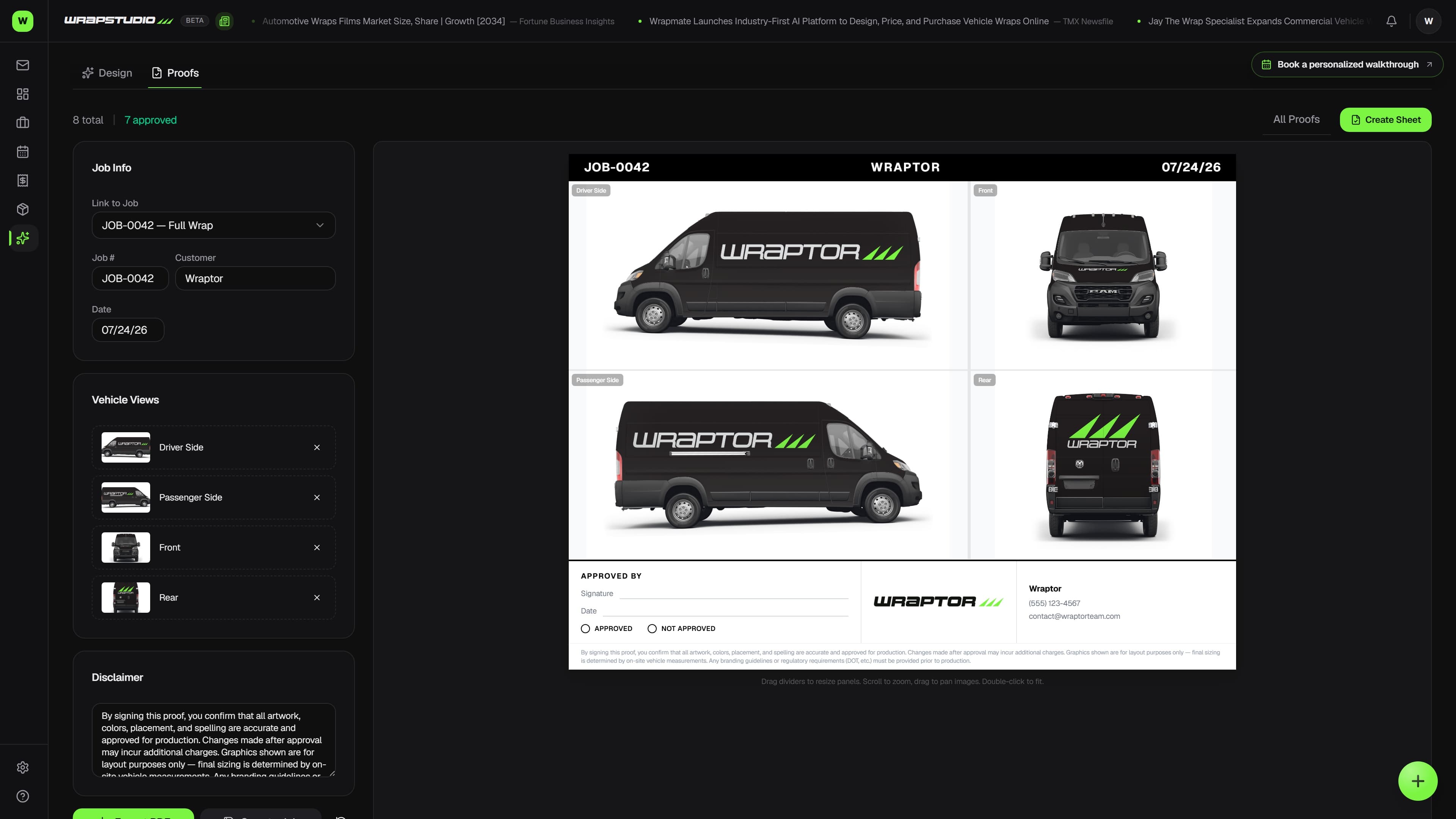 Overlam proofing view with pinned client comments on a wrap mockup (dark mode)