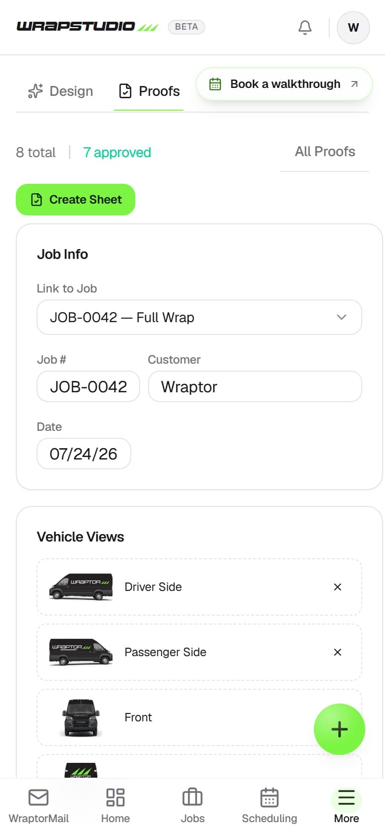 Overlam proofing view with pinned client comments on a wrap mockup (mobile)