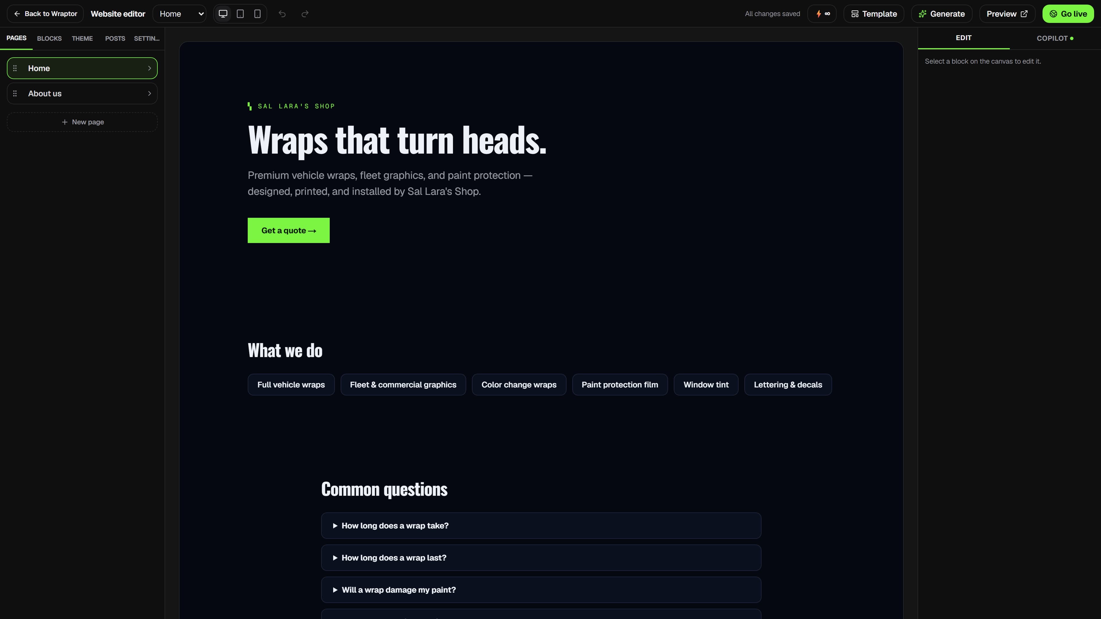 Overlam website builder showing a wrap shop site in the live canvas editor (dark mode)
