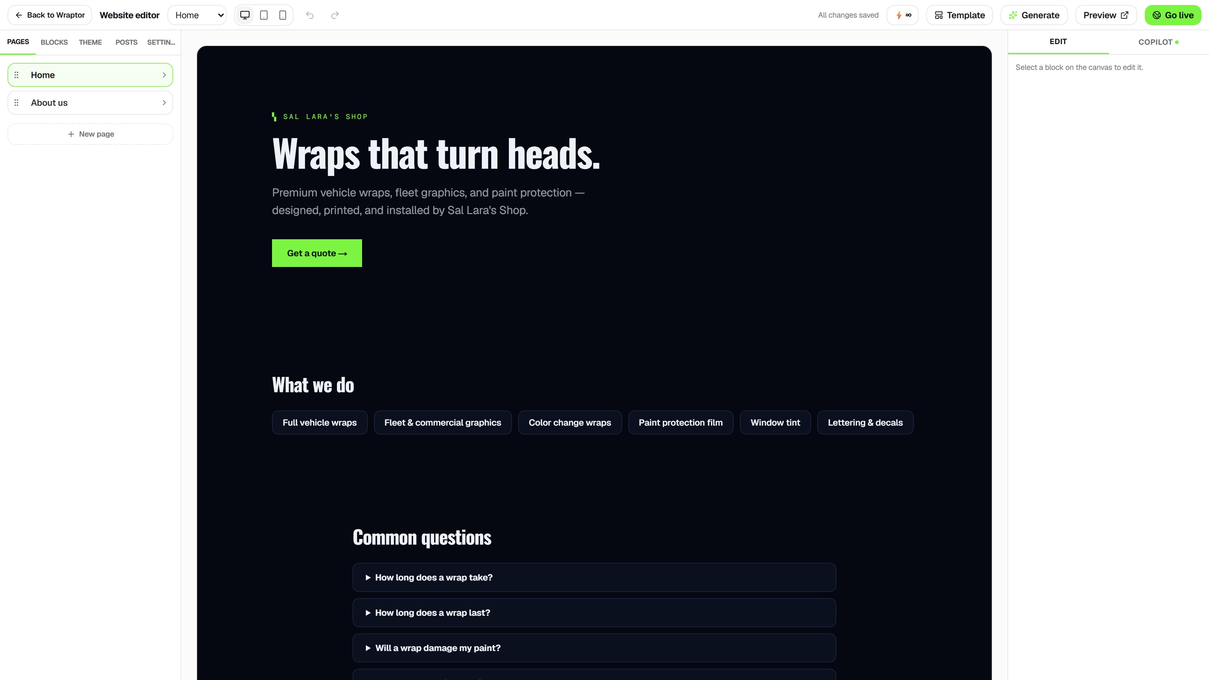 Website builder — the real Overlam screen